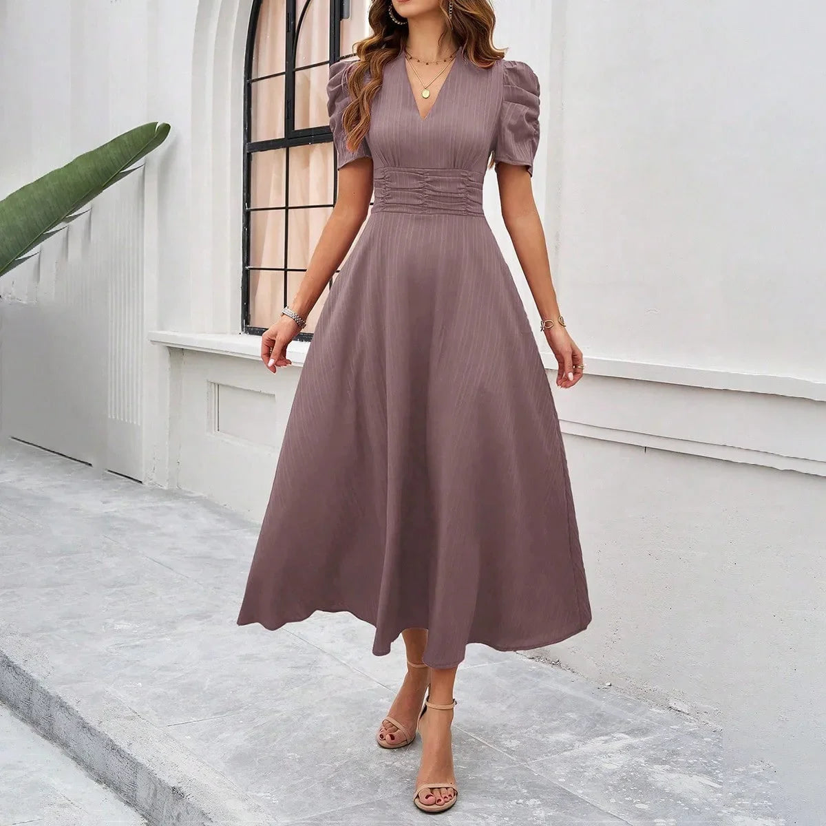 Solid Color Casual Slim Long Dresses For Women Fashion Summer Women's Puff Sleeve A Line Midi Dress Elegant Vintage Female Dress