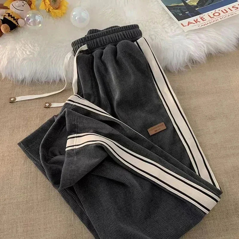 Men's spring and autumn side striped loose straight sports pants, high street ruff handsome corduroy casual pants