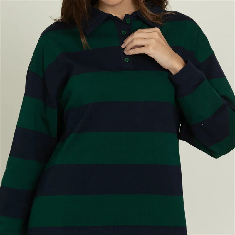 تي شيرت نسائي Y2K مخطط بألوان متباينة مع أزرار وياقة مطوية وأكمام طويلة من قماش الجيرسي الفضفاض