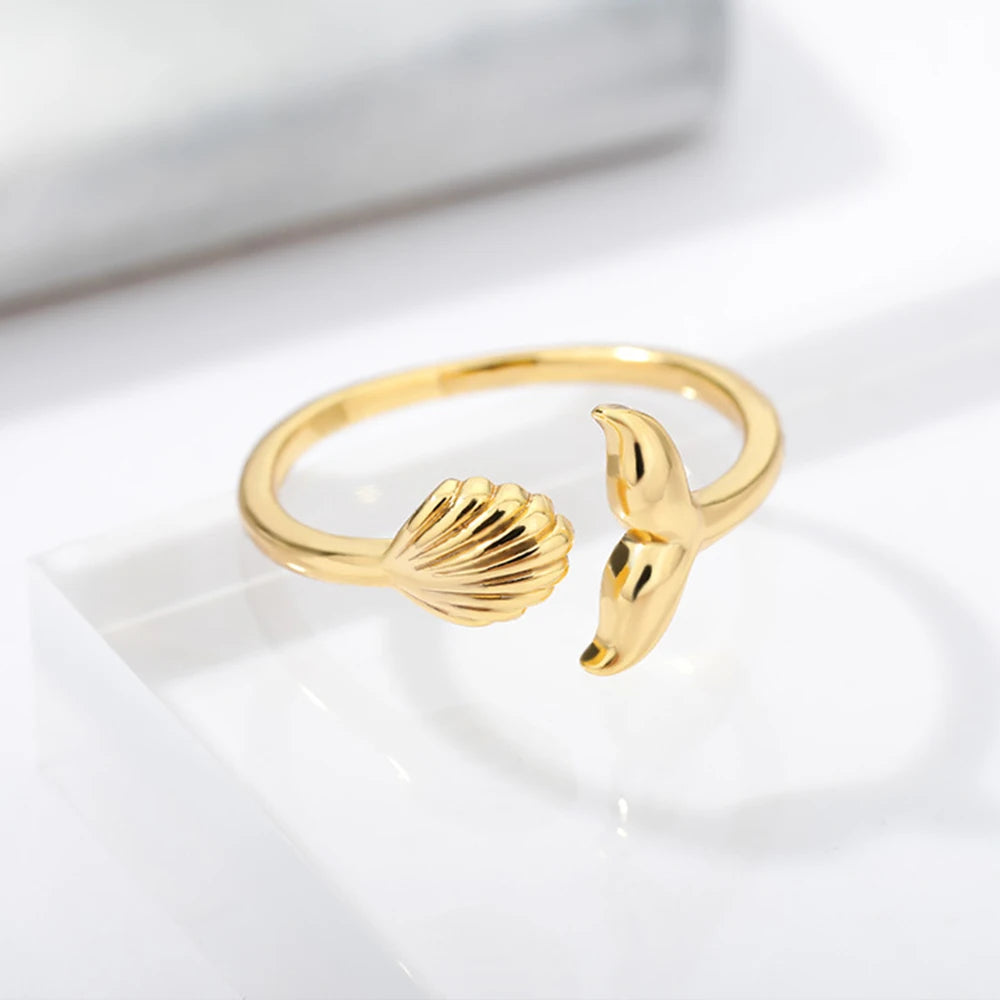 خواتم مفتوحة على شكل صدفة نجم البحر للنساء، لون ذهبي، مصنوعة من الفولاذ المقاوم للصدأ، مناسبة لفصل الصيف، مثالية للشاطئ، مقاومة للماء، هدية مثالية.