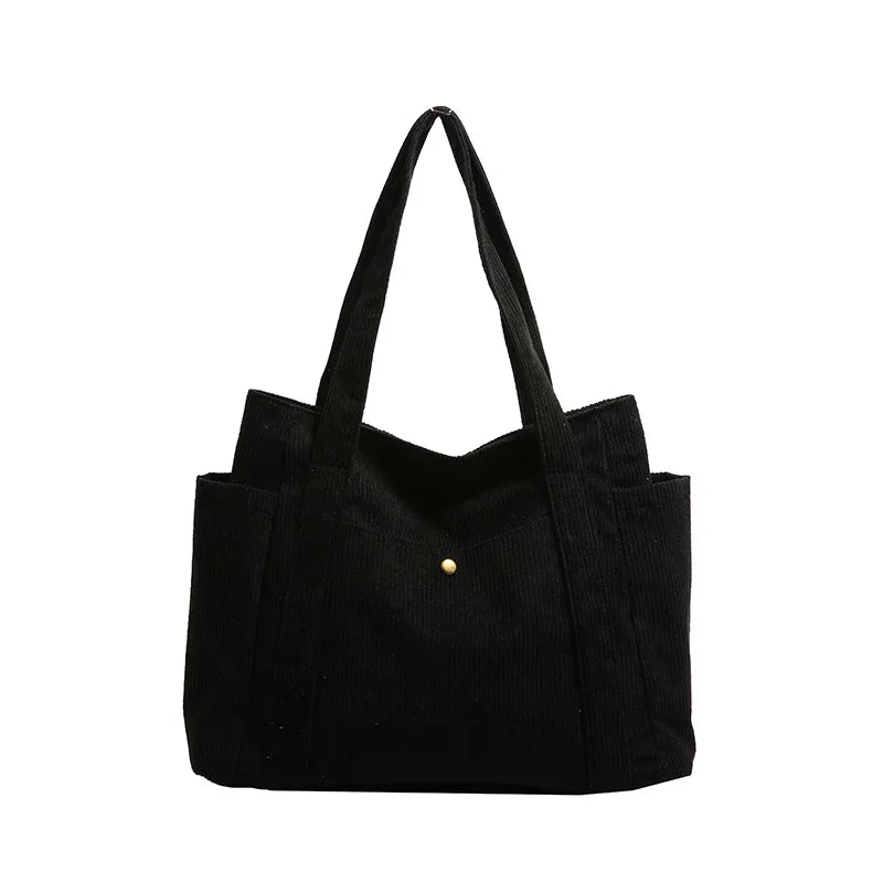حقيبة نسائية كلاسيكية من قماش الكوردروي، ذات سعة كبيرة وجيوب متعددة، حقيبة كتف، حقيبة يد نسائية بسيطة وأنيقة للتسوق