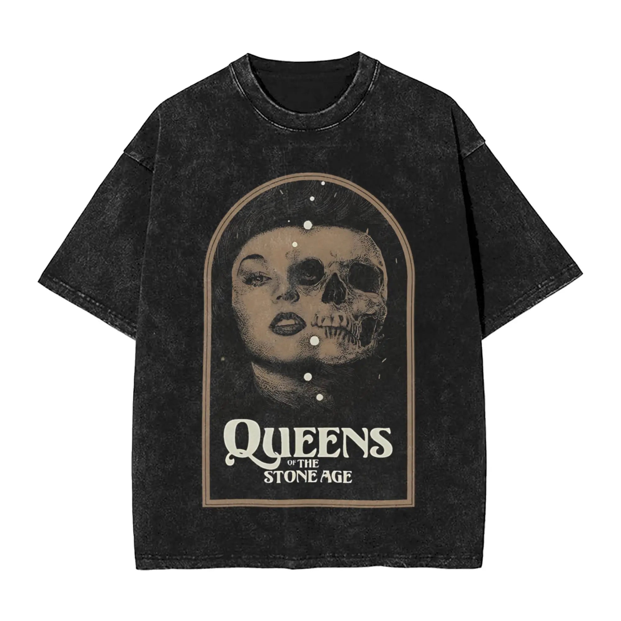 تي شيرت رجالي من فرقة ملكة العصر الحجري، تي شيرتات فكاهية مغسولة، تي شيرت بأكمام قصيرة وياقة مستديرة، تي شيرت قطني خالص، ملابس هدايا
