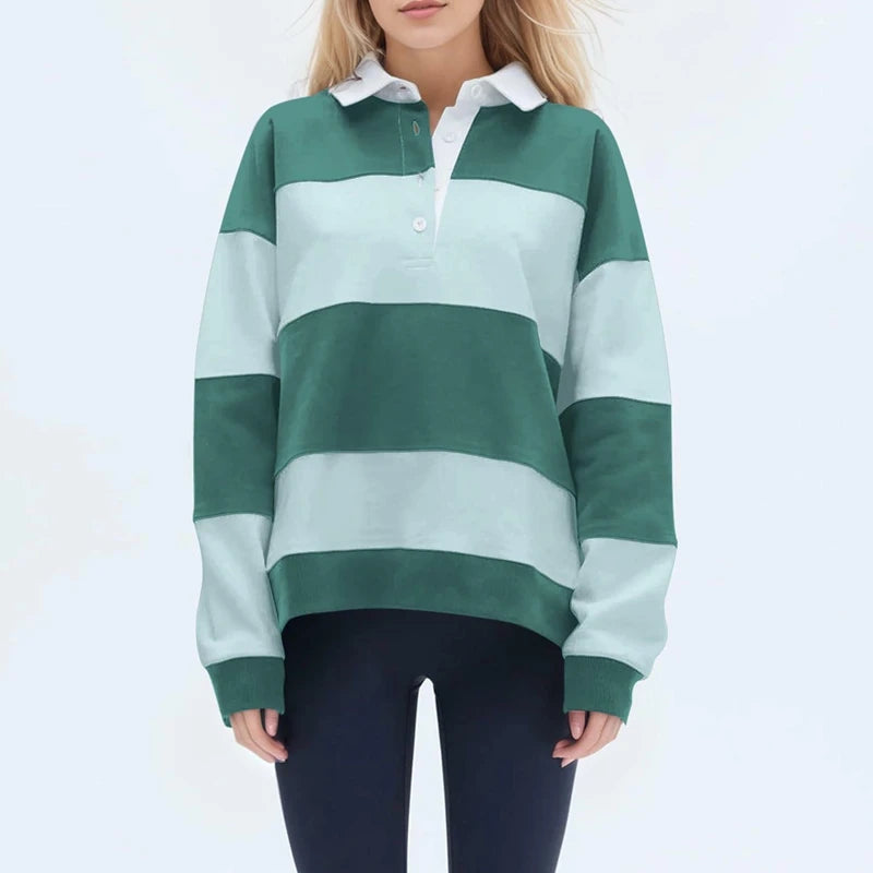 سويت شيرت نسائي واسع بأكمام طويلة وياقة وأزرار وخطوط بألوان متباينة وقمصان فضفاضة بتصميم Y2K وقمصان رغبي أنيقة