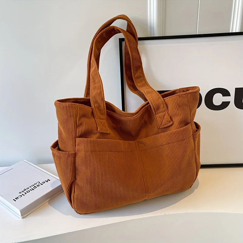 حقيبة كتف مخططة من قماش مخملي كاجوال للنساء مع أحزمة ثابتة وسحاب وحقيبة يد كبيرة السعة للنزهات اليومية والتسوق