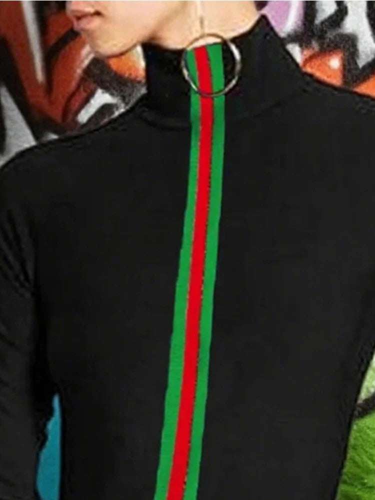 2025 Fashion Women's Clothes Long Sleeves Skinny Contrast Color Striped High Neck T-Shirts Casual Y2k Female Tops