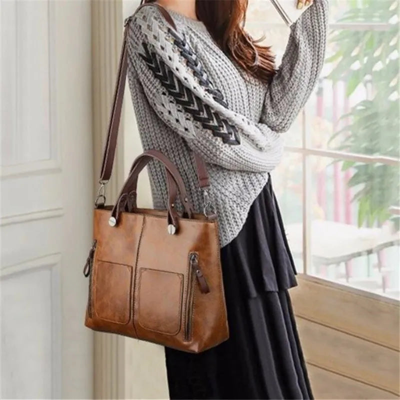 حقيبة كتف جلدية بتصميم كلاسيكي من أوروبا وأمريكا، حقيبة حمل بسحاب وجيبين، حقائب كروس كلاسيكية للنساء للعمل والمناسبات الخاصة