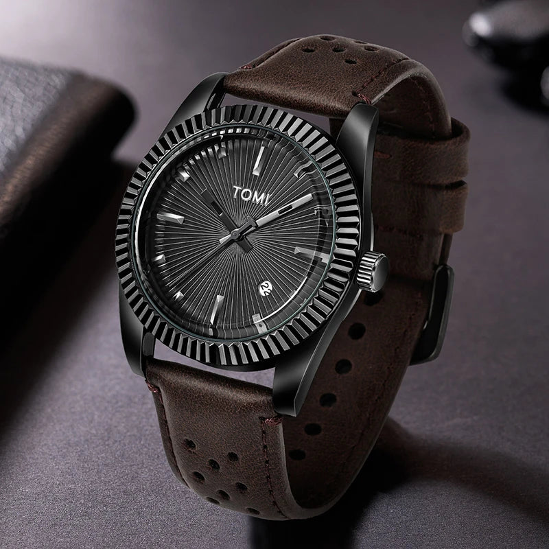 TOMI Men's Fashion Classic Men's and Women's Watch Versatile Trend Business Calendar Brown Leather Quartz Watch