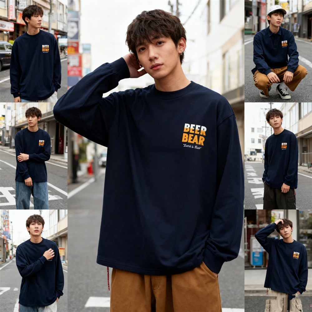 تي شيرت KUCLUT 1:1 مطبوع بأفضل جودة على الطراز الياباني، ملابس الشارع، فضفاض بأكمام طويلة، تي شيرت كبير الحجم للرجال والنساء، مصنوع من القطن بنسبة 100%