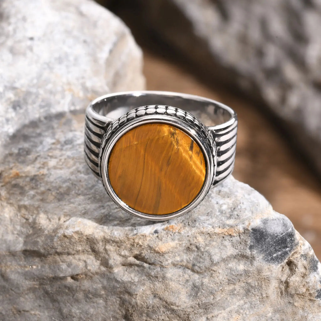 خاتم فينوكس ذو رأس مستدير مرصع بحجر عين النمر للرجال والفتيان، خاتم من الفولاذ المقاوم للصدأ، خاتم رجالي ضخم بتصميم بانك