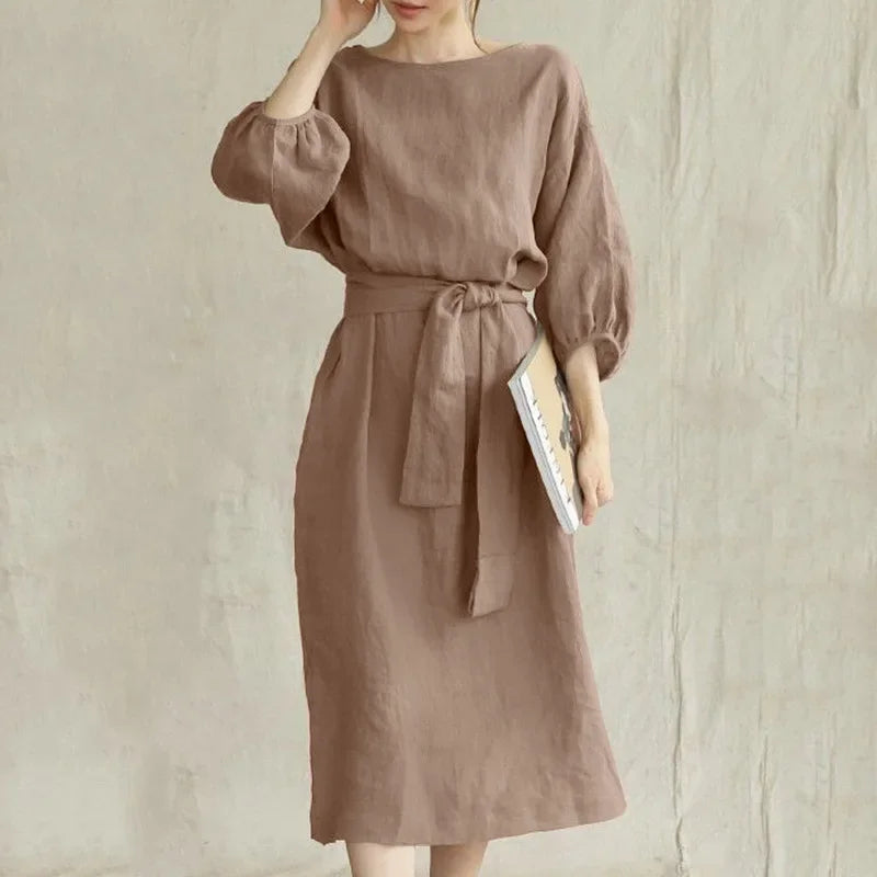 Women'S Vintage Long Sleeve High Waisted Tied Solid Color Round Neck Dress Elegant Long Sleeve Midi Dresses for Women with Belt
