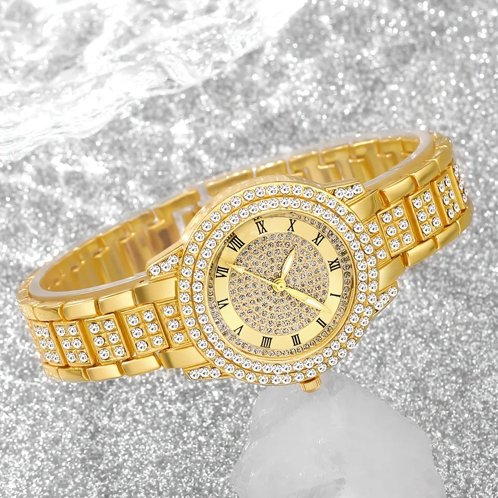 طقم مجوهرات ساعات نسائية أنيقة مكون من 6 قطع، ساعة كوارتز مرصعة بأحجار الراين، هدية مثالية للفتيات (بدون علبة)