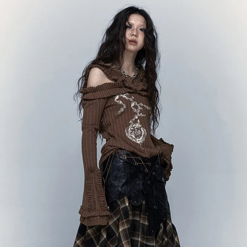 Karrcat Grunge Aesthetics Knitted Tops Vintage Off Shoulder Tattoo Print T-shirt Wasteland Punk Black Ribbed Tee Shirt Gothic