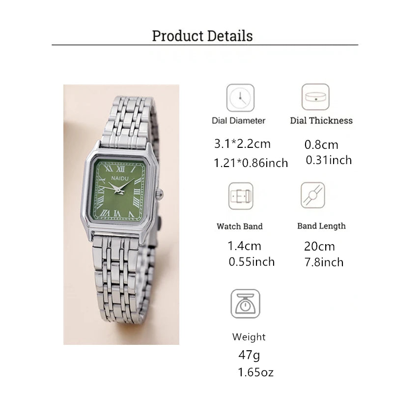 ساعة يد نسائية أنيقة من الفولاذ، ذات مينا مستطيل الشكل، بتصميم عصري.