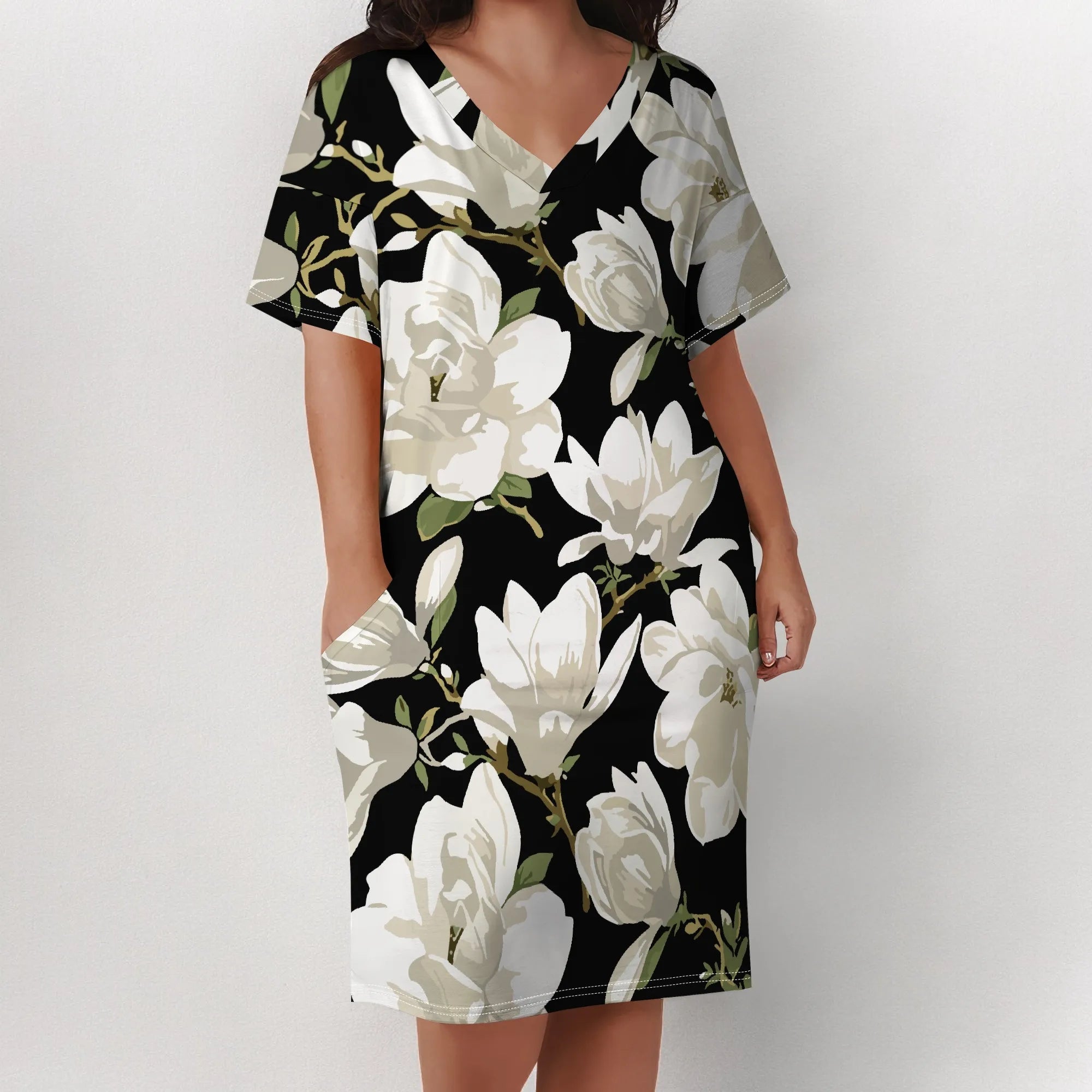Plus Size Floral Print Dress for Women Summer V Neck Casual T Shirt Dress with Pockets Elegant Style