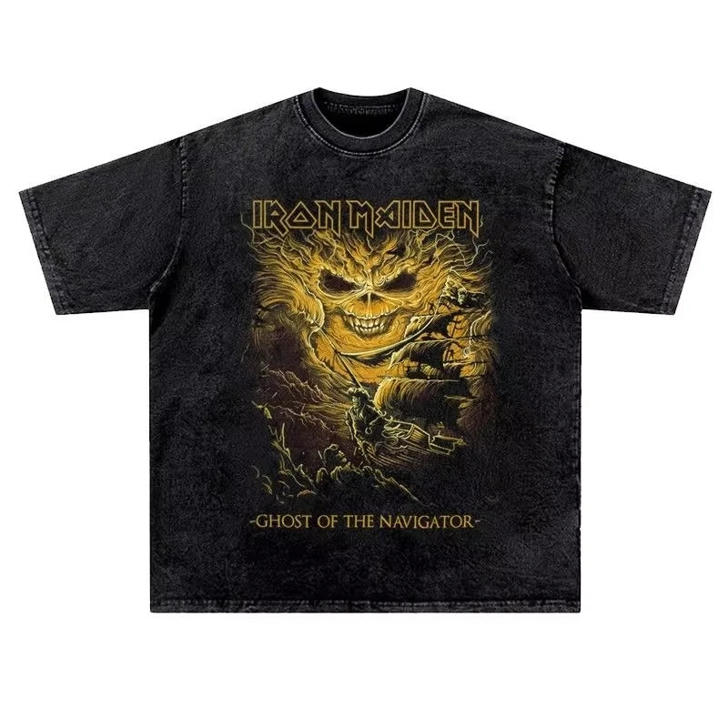 تي شيرت رجالي ونسائي عتيق من LRON Maiden Iron Lady Rock Washed بتصميم هيب هوب أمريكي عتيق بأكمام قصيرة ونصف عصرية