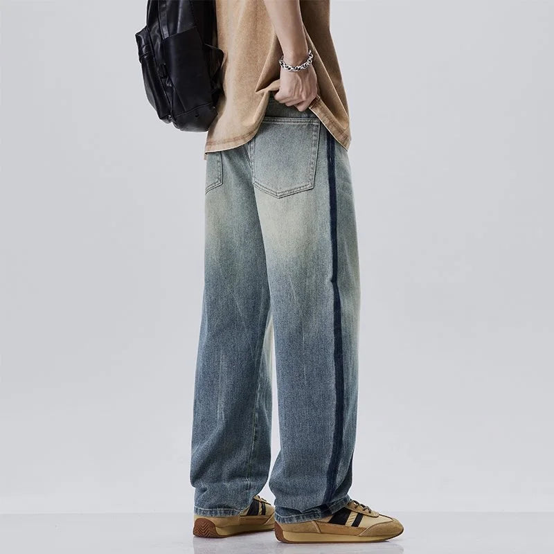 Trendy Men's Straight Leg Jeans Casual Loose Fit Autumn Winter New Style Blue Washed Denim Pants Versatile for All Seasons