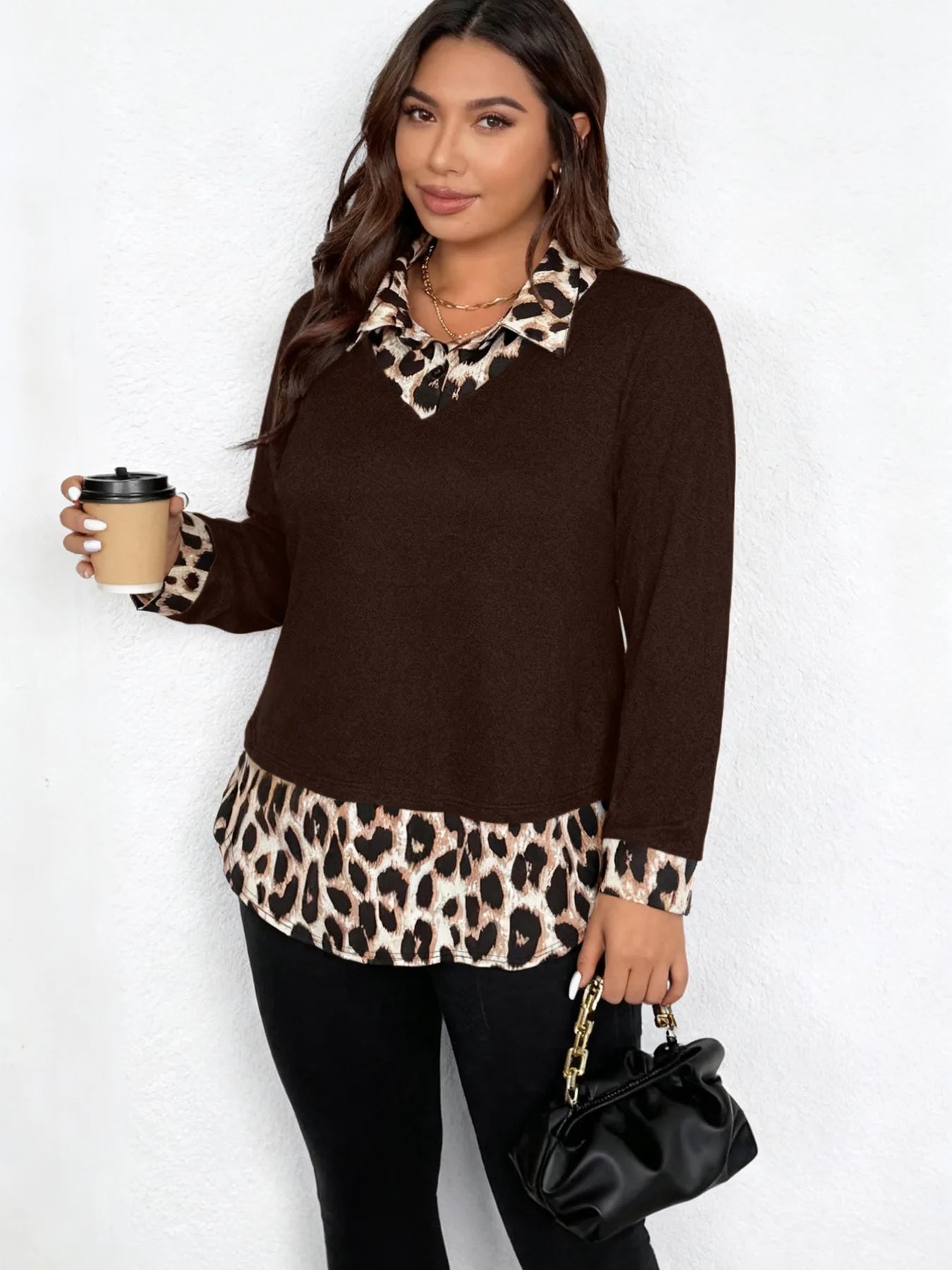American Style Hot Girl Leopard Print Collar Long Sleeve T-Shirt Women's Spring New Slim Fit Base Layer Top