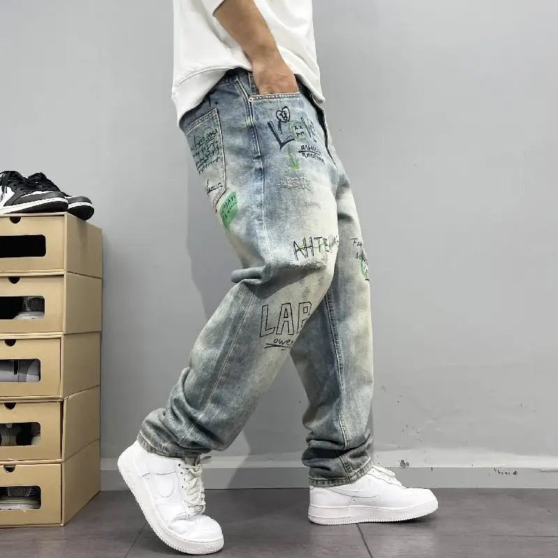 American Retro Street Style Personalized Printed Straight Leg Jeans for Men Loose Fitting Washed High Street Hip-hop Pants