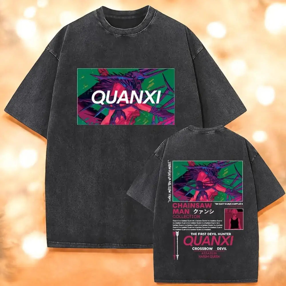 تي شيرت Chainsaw Man X Reze Devil T-Shirt بغسيل حمضي كبير الحجم من الرسوم المتحركة Mange للرجال والنساء ملابس الشارع الكلاسيكية بأكمام قصيرة للرجال والنساء