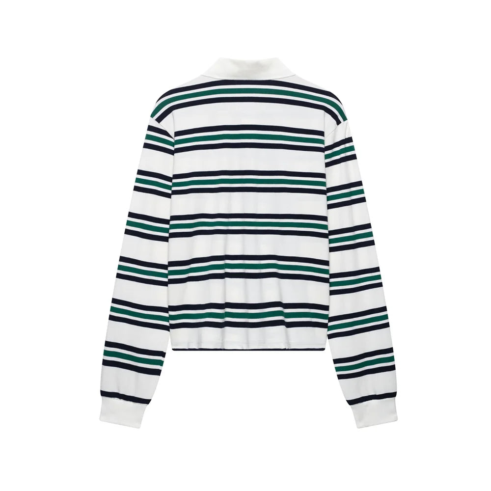 قمصان بولو مخططة بأكمام طويلة من UNIZERA 2025 للسيدات باللونين العنابي والأبيض مع ياقات متباينة لإطلالة كاجوال