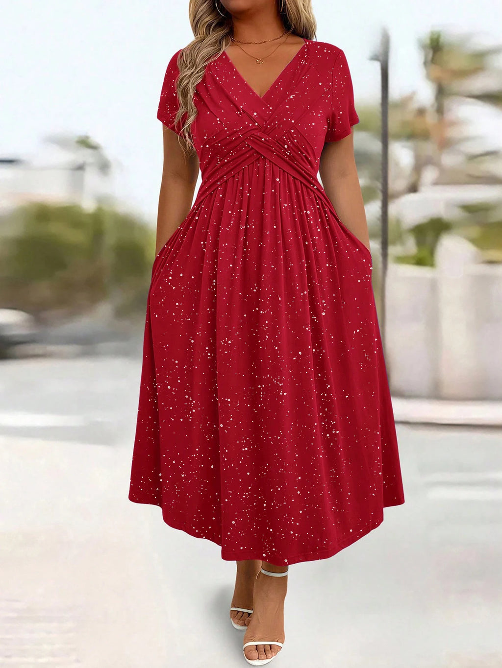 Ladies' elegant plus size powder sprinkled shiny twisted knot with pockets V-neck dress