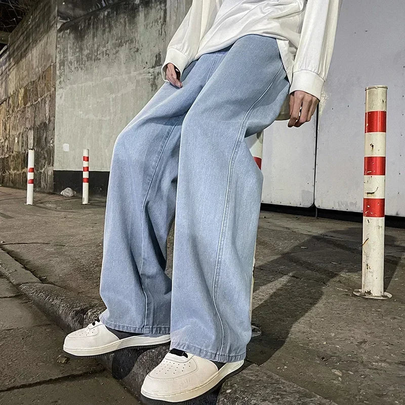 2026New Streetwear Loose Jeans Men Korean Style Fashion Loose Straight Wide Leg Pants Men's Brand Clothing Black Light Blue