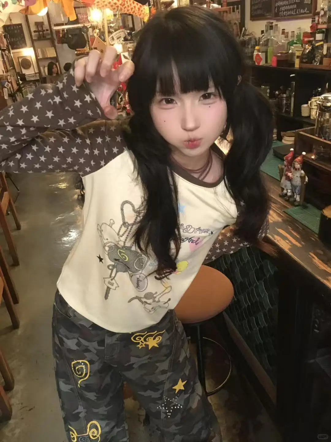 تي شيرت نسائي من Tonngirls بطبعة هاراجوكو ورسومات كرتونية بأكمام طويلة ورسومات مرقعة وقمصان كلاسيكية من عام 2000 وقمصان جمالية من Egirl