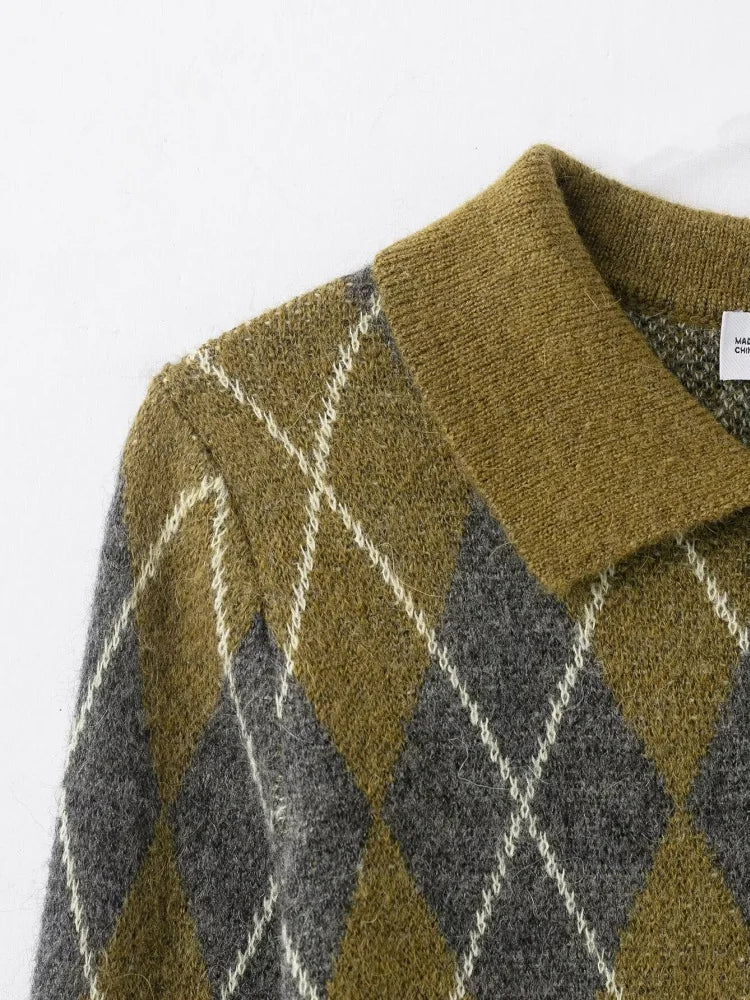 سترة كارديجان قصيرة محبوكة بنقشة ماسية وياقة بولو للخريف للنساء بأزرار مزخرفة سترة نسائية كاجوال