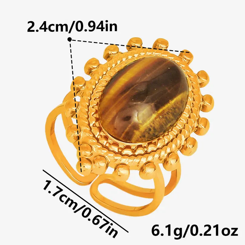 خاتم من حجر عين النمر الحقيقي على شكل قلب الشمس من الفولاذ المقاوم للصدأ، خواتم مفتوحة للنساء والرجال، إكسسوارات مجوهرات عتيقة مطلية بالذهب الحقيقي