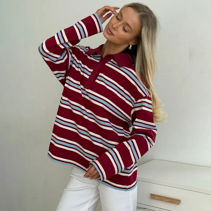 تيشيرت تورنوفا كاجوال بأكمام طويلة مخططة، بياقة بولو، فضفاض، بلوزة نسائية، تصميم عصري بطبعة كلاسيكية، تيشيرت نسائي جديد لفصل الخريف