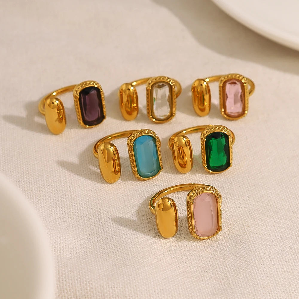 خواتم فاخرة من الفولاذ المقاوم للصدأ مرصعة بالزركون الملون للنساء، بتصميم أنيق وعصري، مطلية بالذهب عيار 18 قيراطًا.