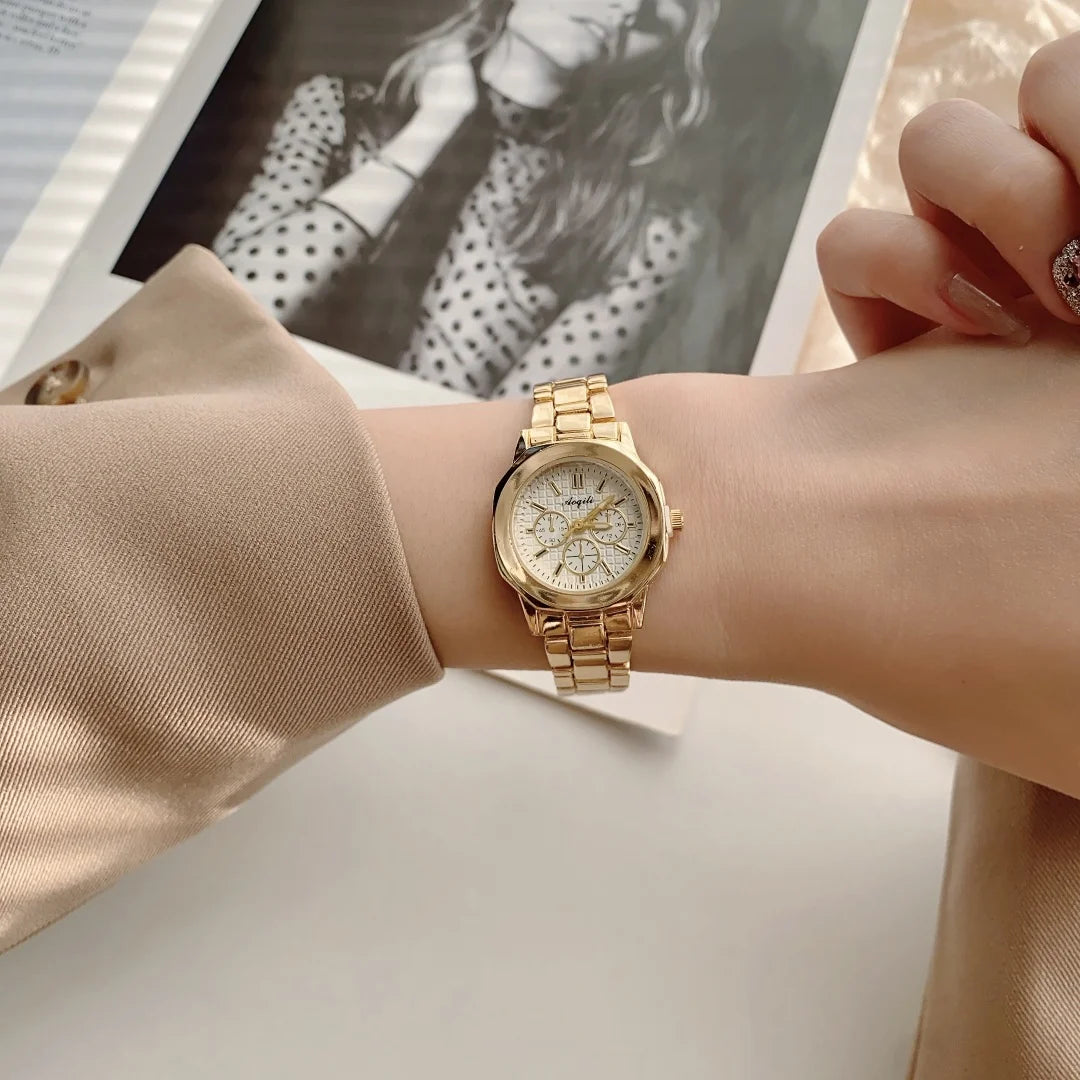 ساعة يد نسائية فاخرة بتصميم دائري، سوار من الفولاذ الذهبي، تعمل بالكوارتز، ساعة يد ذهبية أنيقة للنساء.