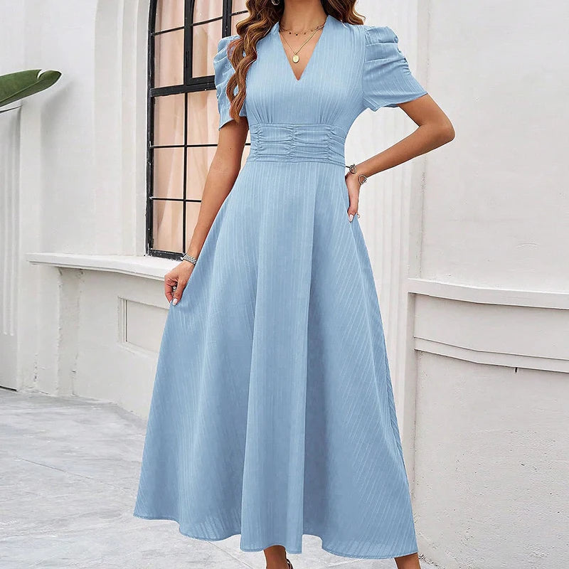 Solid Color Casual Slim Long Dresses For Women Fashion Summer Women's Puff Sleeve A Line Midi Dress Elegant Vintage Female Dress