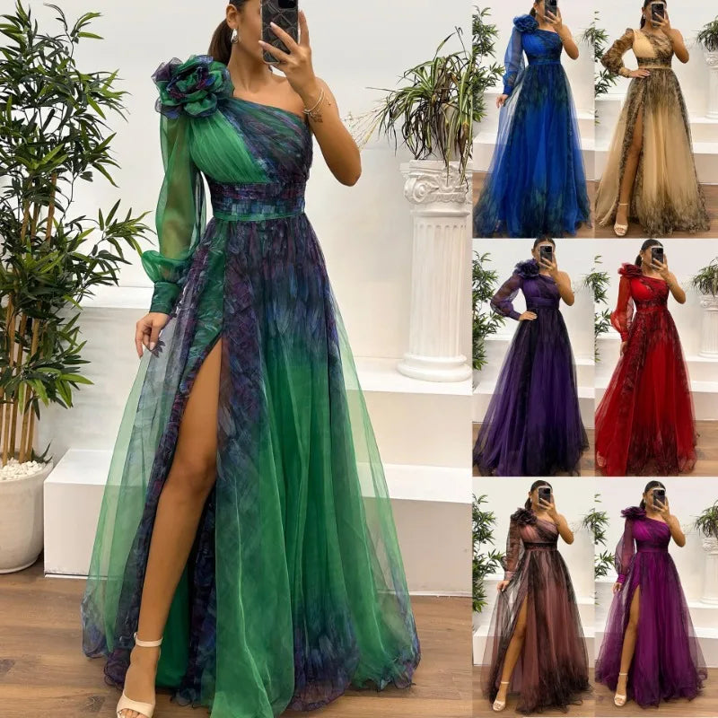 2025 Women Evening Dress Off Shoulder Pleated Long Lantern Sleeve Split Hem Maxi Dress Rhinestone Decor High Waist Party Dresses