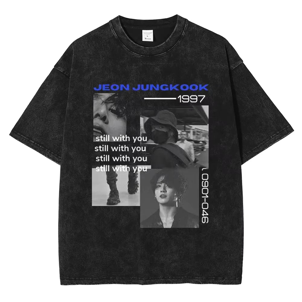 تي شيرت رجالي ونسائي بأكمام قصيرة بتصميم قوطي من Streetwear Golden Moments Jungkooks Hip Hop Washed Vintage T-Shirt مقاس كبير بأكمام قصيرة من القطن للجنسين
