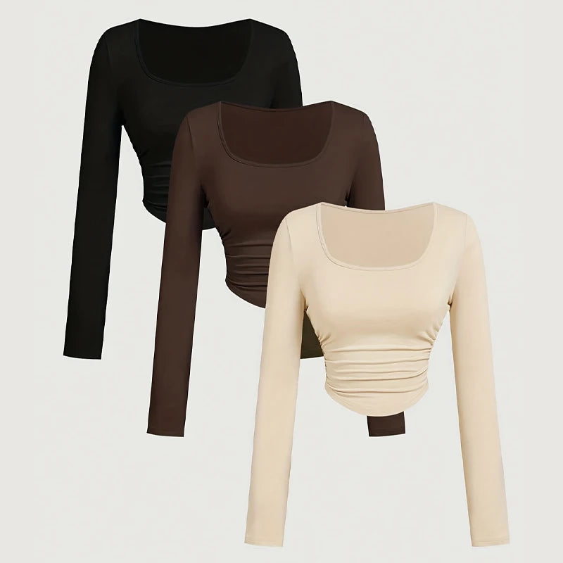 مجموعة من 3 قطع من قمصان الخريف والشتاء النسائية بأكمام طويلة وقمصان قصيرة موضة خريف 2025، رقبة مربعة، ملابس أساسية للخروج، تيشيرتات مناسبة لفصل الربيع والصيف