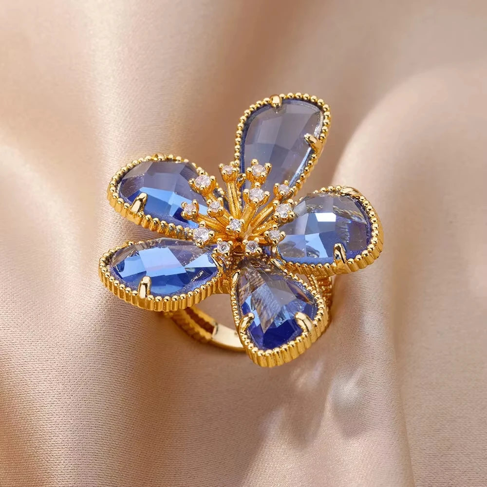 Luxury Blue Colorful Zircon Rings For Women Stainless Steel Gold Plated Flower Butterfly Ring Exquisite Party Shiny Jewelry 2025