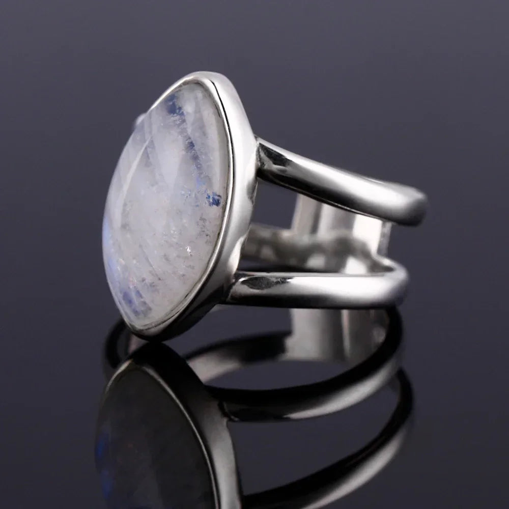 Round Oval Big Natural Moonstones Rings Women's S925 Silver Rings Gifts Vintage Fine Jewelry