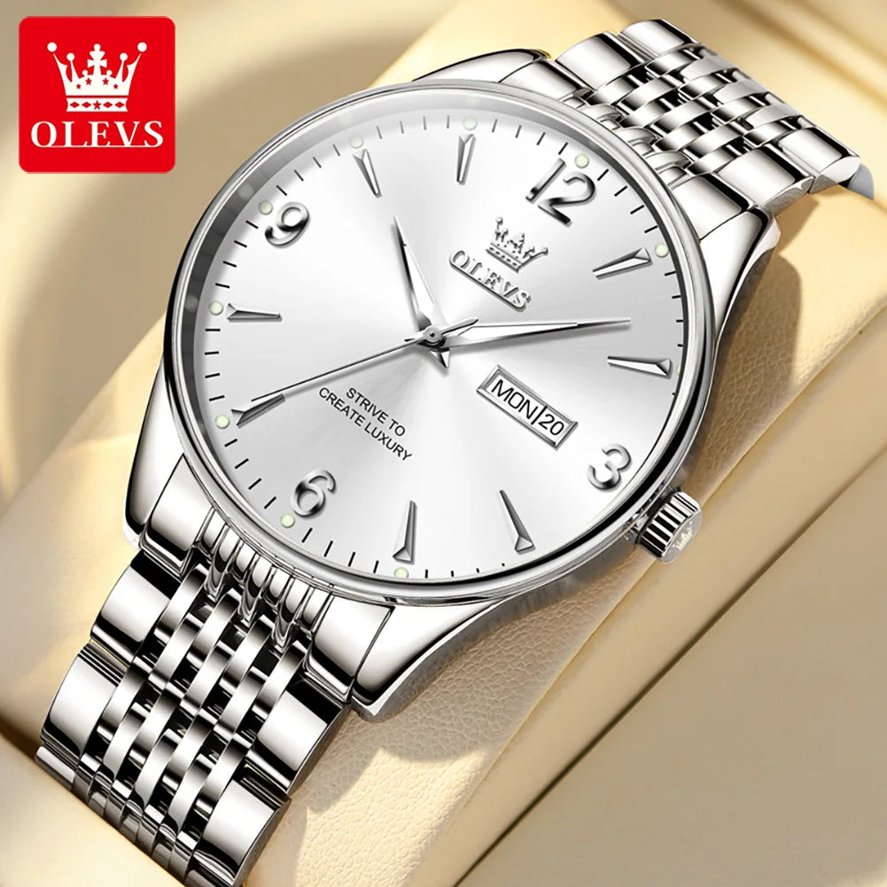 ساعة OLEVS 2928 للرجال بسيطة كوارتز رسمية للرجال مقياس الأرقام مقاوم للماء من الفولاذ المقاوم للصدأ عرض الأسبوع والتاريخ ساعة يد للرجال