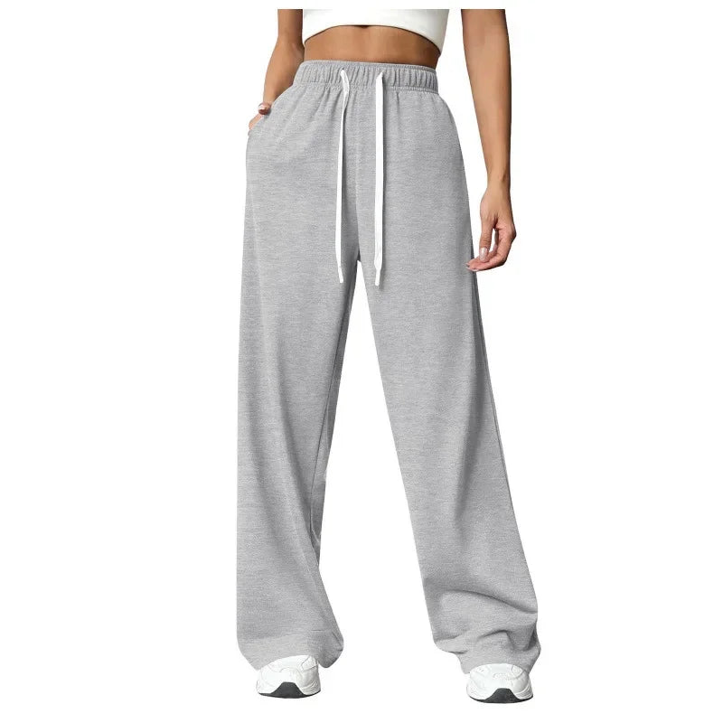 Hot Sale Of The Season New Elastic Waist Pants with Side Pockets Fleece Lined Thick Wide Leg Sweatpants Pure Color Straight Cut