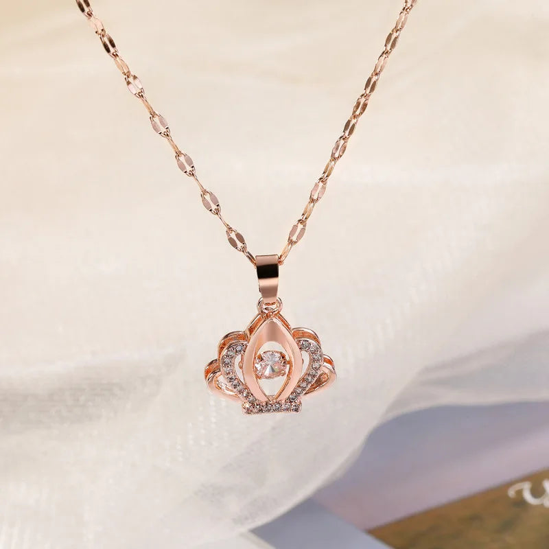 Sweet Zircon Crystal Pendant Necklace For Women Korean Fashion Stainless Steel Clavicle Chain Jewelry Female Wedding Accessories