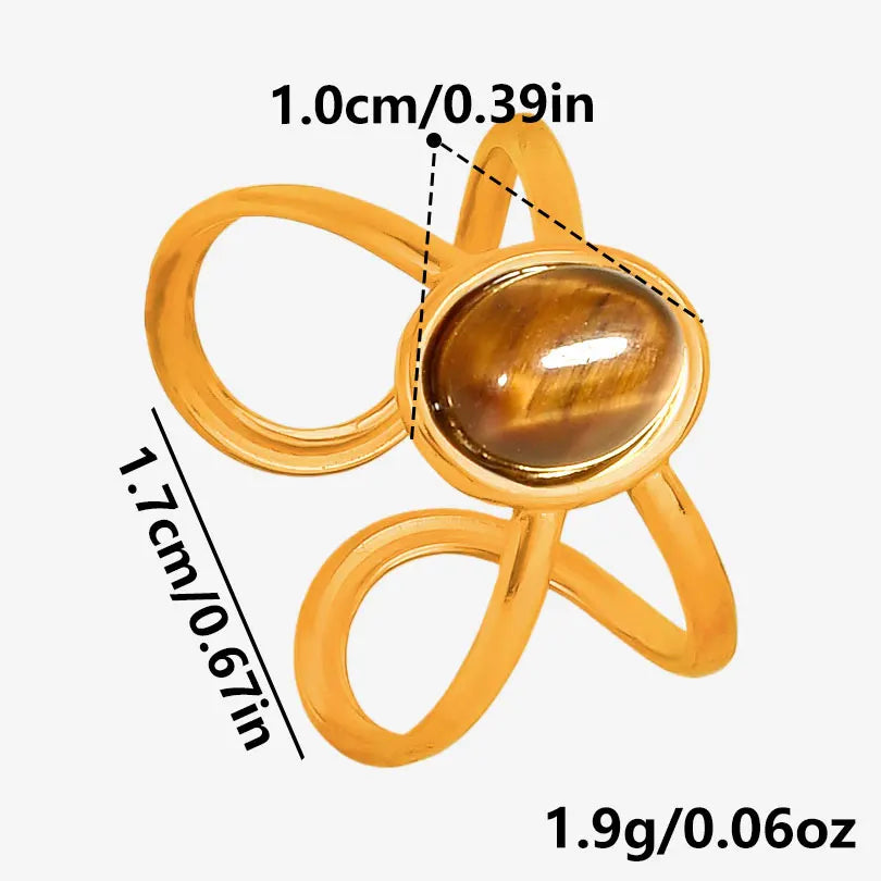 خاتم من حجر عين النمر الحقيقي على شكل قلب الشمس من الفولاذ المقاوم للصدأ، خواتم مفتوحة للنساء والرجال، إكسسوارات مجوهرات عتيقة مطلية بالذهب الحقيقي