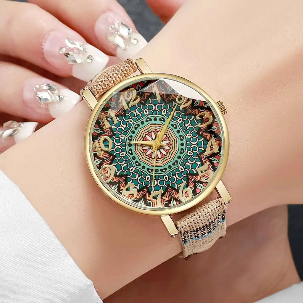1/2/3/5PCS Fashion Women Watches Vintage Flowers Printed PU Strap Quartz Watch Reloj Mujer（Without Box）