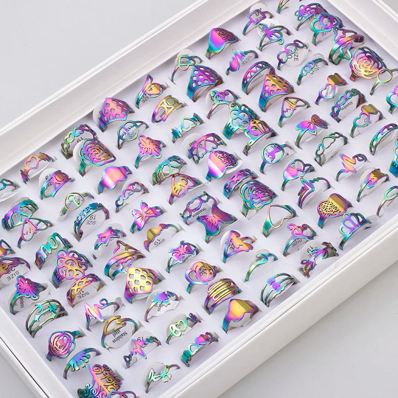 ١٠٠ قطعة من الخواتم المنقوشة المصنوعة من الفولاذ المقاوم للصدأ للرجال والنساء، مجوهرات أنيقة، هدية، خواتم على شكل زهرة مجوفة، بيع بالجملة