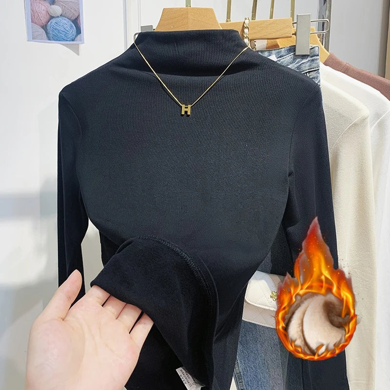 تي شيرتات نسائية كورية بأكمام طويلة وياقة مدورة موديل 2025، تي شيرتات كورية بسيطة بطبقة أساسية، تي شيرتات خريف وشتاء كاجوال، تي شيرتات دافئة من الصوف المخملي الأساسي النحيف