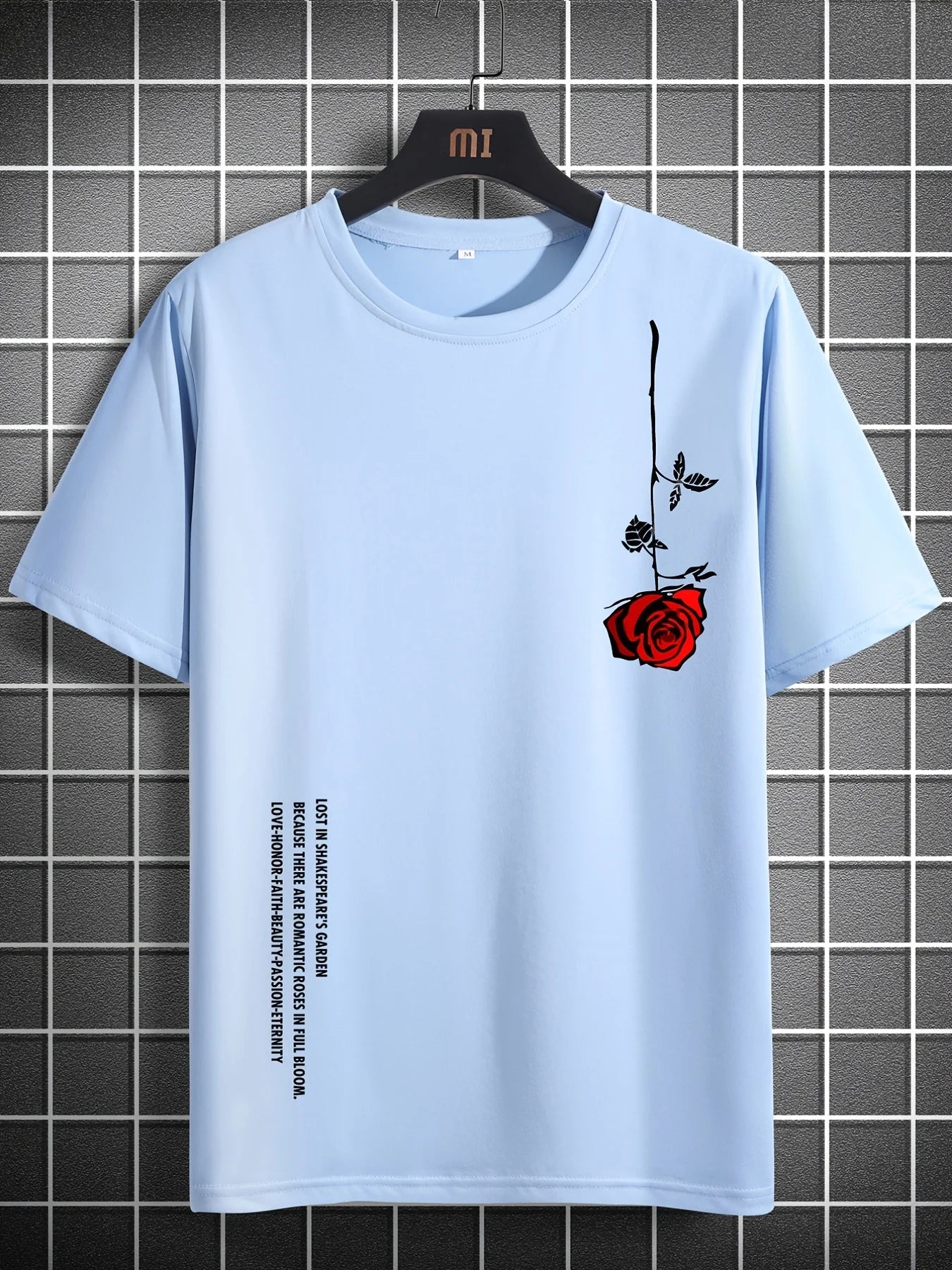 تيشيرت رجالي صيفي فضفاض، مصنوع من القطن بنسبة 100%، بطبعة ورود، بقصة ضيقة، وياقة دائرية، وأكمام قصيرة.