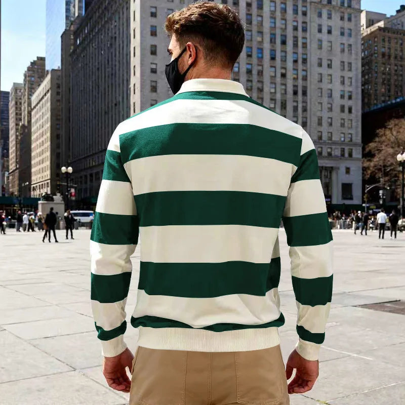 قميص بولو رجالي مخطط بتصميم هونغ كونغ، ربيع وخريف 2025، فضفاض وعصري، مناسب للرجال والنساء