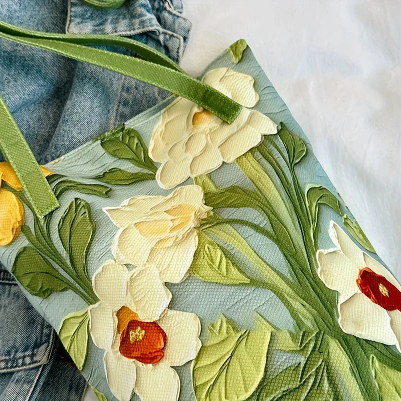 حقيبة كتف نسائية صيفية كبيرة السعة من أكسفورد بتصميم دلو مزين بالزهور وحقيبة كتف عصرية كاجوال مع تصميم زهور مرسومة بالزيت