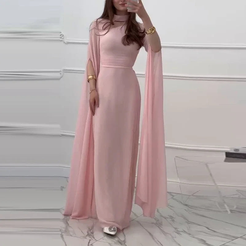 Summer Women's Clothing O-neck Long Sleeve Party Dress Elegant Solid Color Robe Dress Fashion High Waist Slim Evening Dress