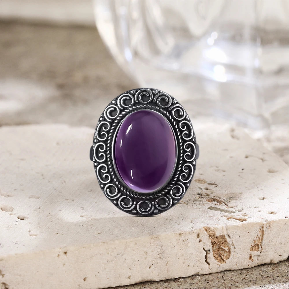 خواتم عتيقة من الفضة الإسترليني عيار 925 مرصعة بحجر الجمشت الطبيعي، بتصميم زهرة، مجوهرات فضية فاخرة بتصميم كلاسيكي، هدايا مثالية للحفلات للنساء والرجال